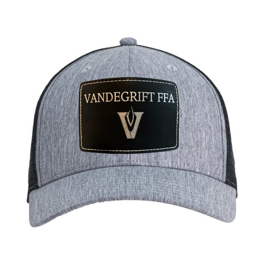 Black/Silver Laser Engraved Patch on Heather Grey/Black Ponytail Ladies Hat