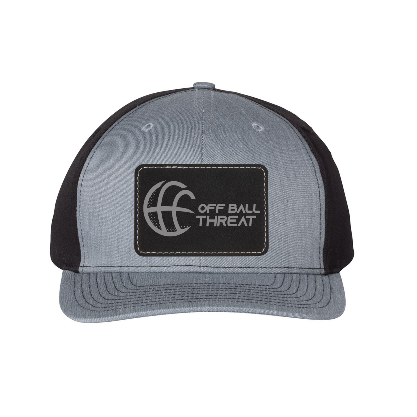 Black/Silver Laser Engraved Patch on Heather Grey/Black Trucker Hat