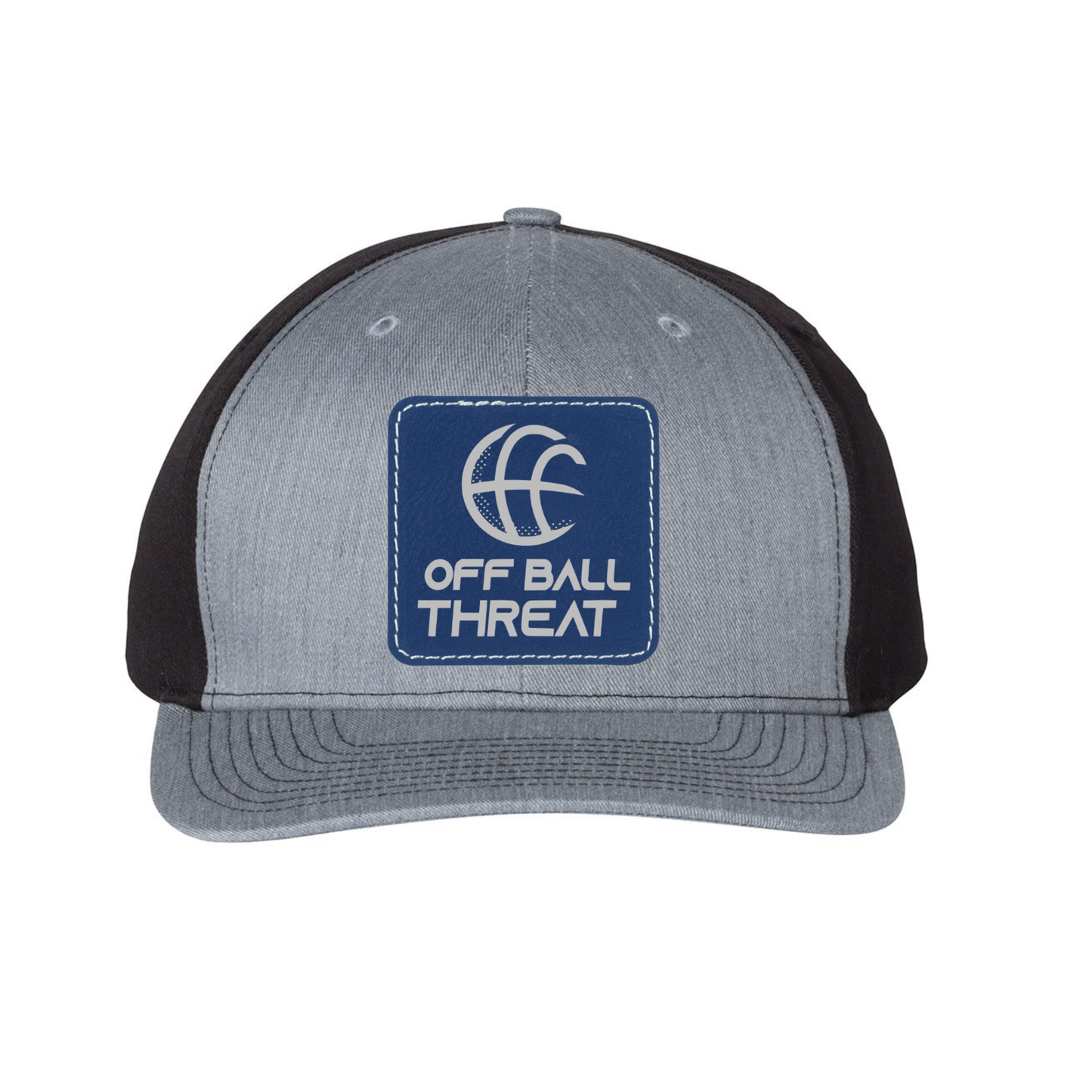 Blue/Silver Laser Engraved Patch on Heather Grey/Black Trucker Hat