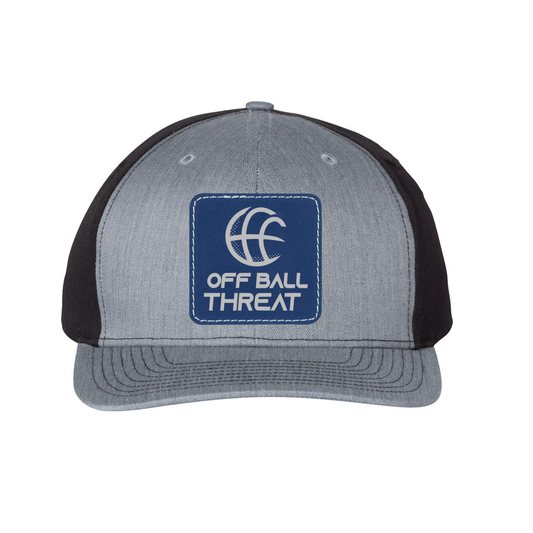 Blue/Silver Laser Engraved Patch on Heather Grey/Black Trucker Hat