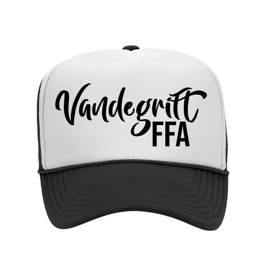 White / Black Mesh Foam Trucker Hat w/ Black Puff Script