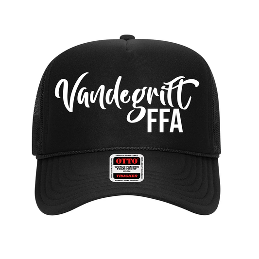 Black / Black Mesh Foam Trucker Hat w/ White Puff Script