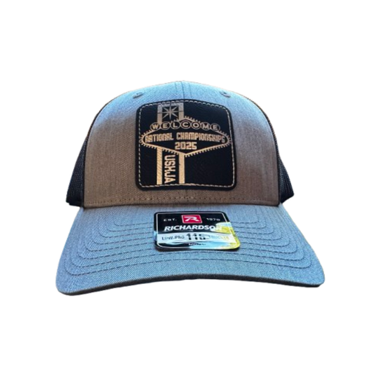 Black/Silver Laser Engraved Patch on Heather Grey/Black Trucker Hat